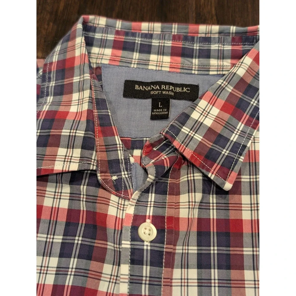 Banana Republic Shirt Mens Large Red Blue Plaid Long Sleeve‎ Button Down Casual